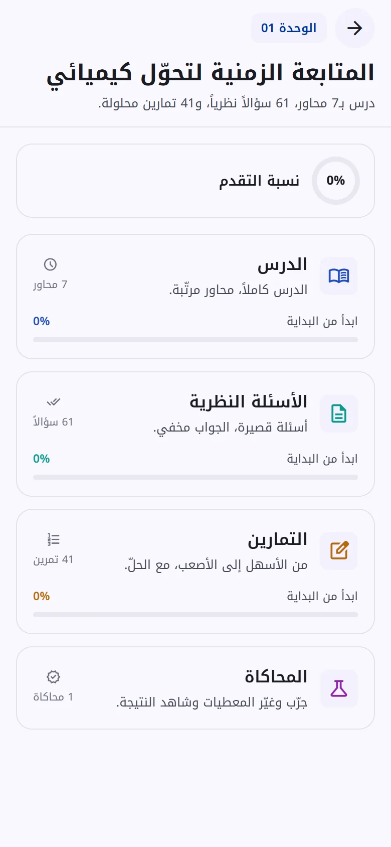 صفحة الوحدة الأولى في تطبيق دفعة